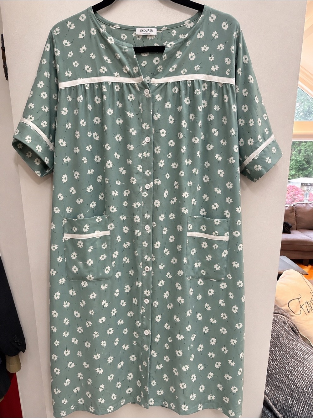 Ekouaer Cottagecore Floral Sleep Shirt Nightgown House Dress XL Sage Gree